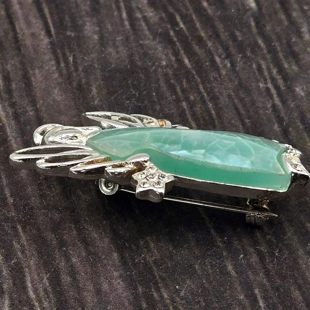 Liz Claiborne LC Vintage Angel Brooch Silver Tone Green Crackle Glass Rhinestone